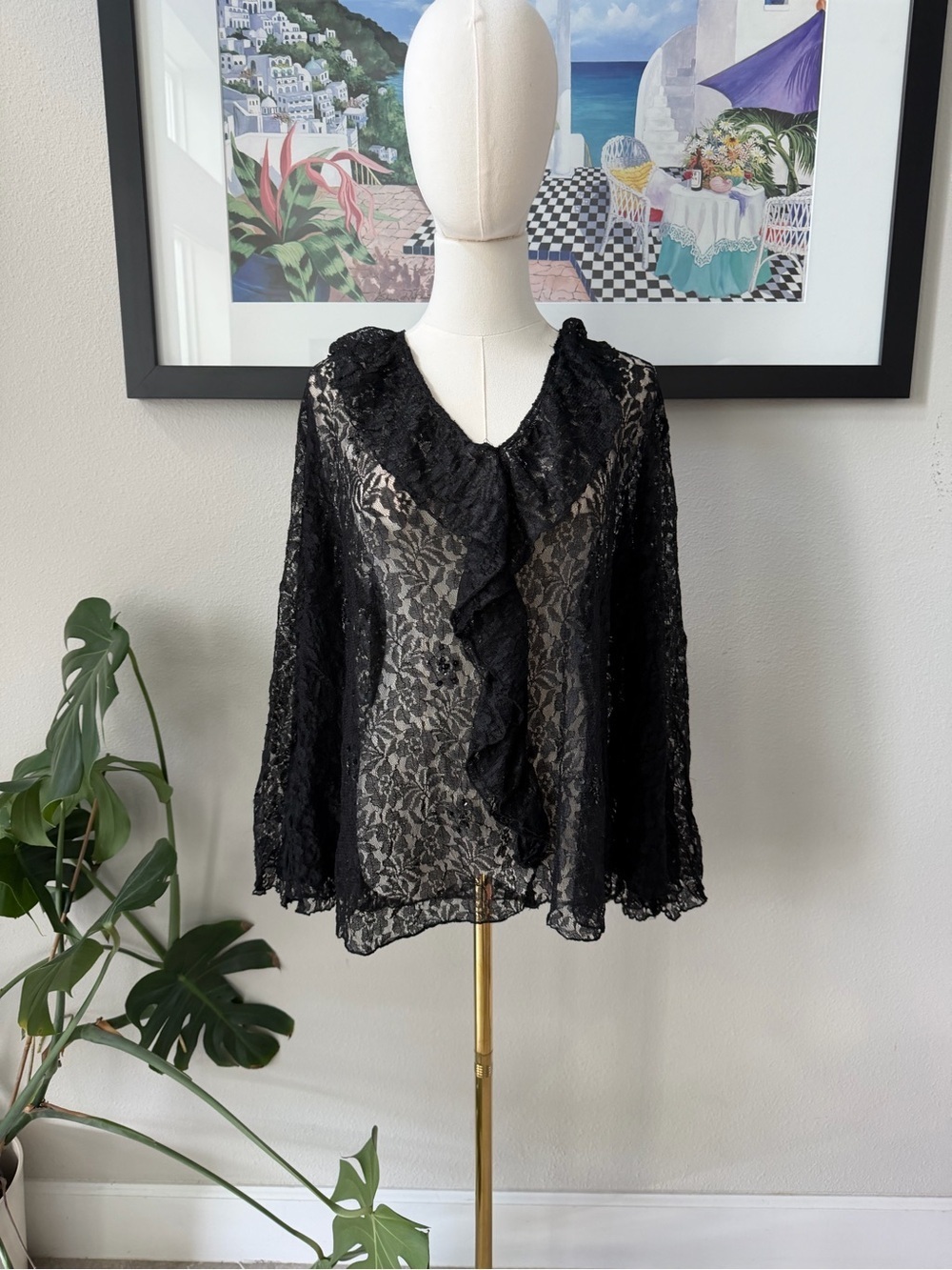 Y2K VTG Sheer Beaded Lace Ruffle Blouse STUNNING 3X